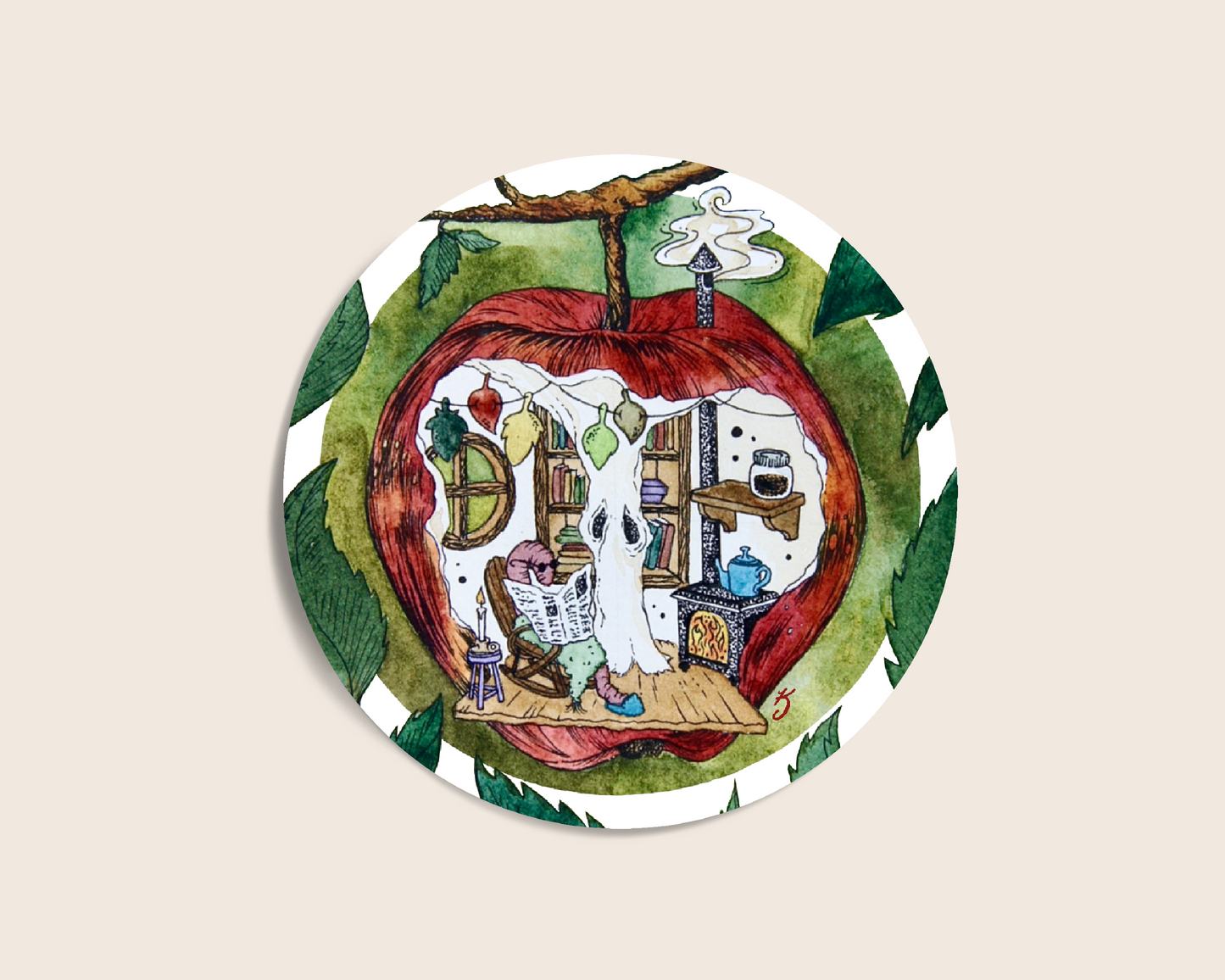 Bookworm Apple Apartment Sticker