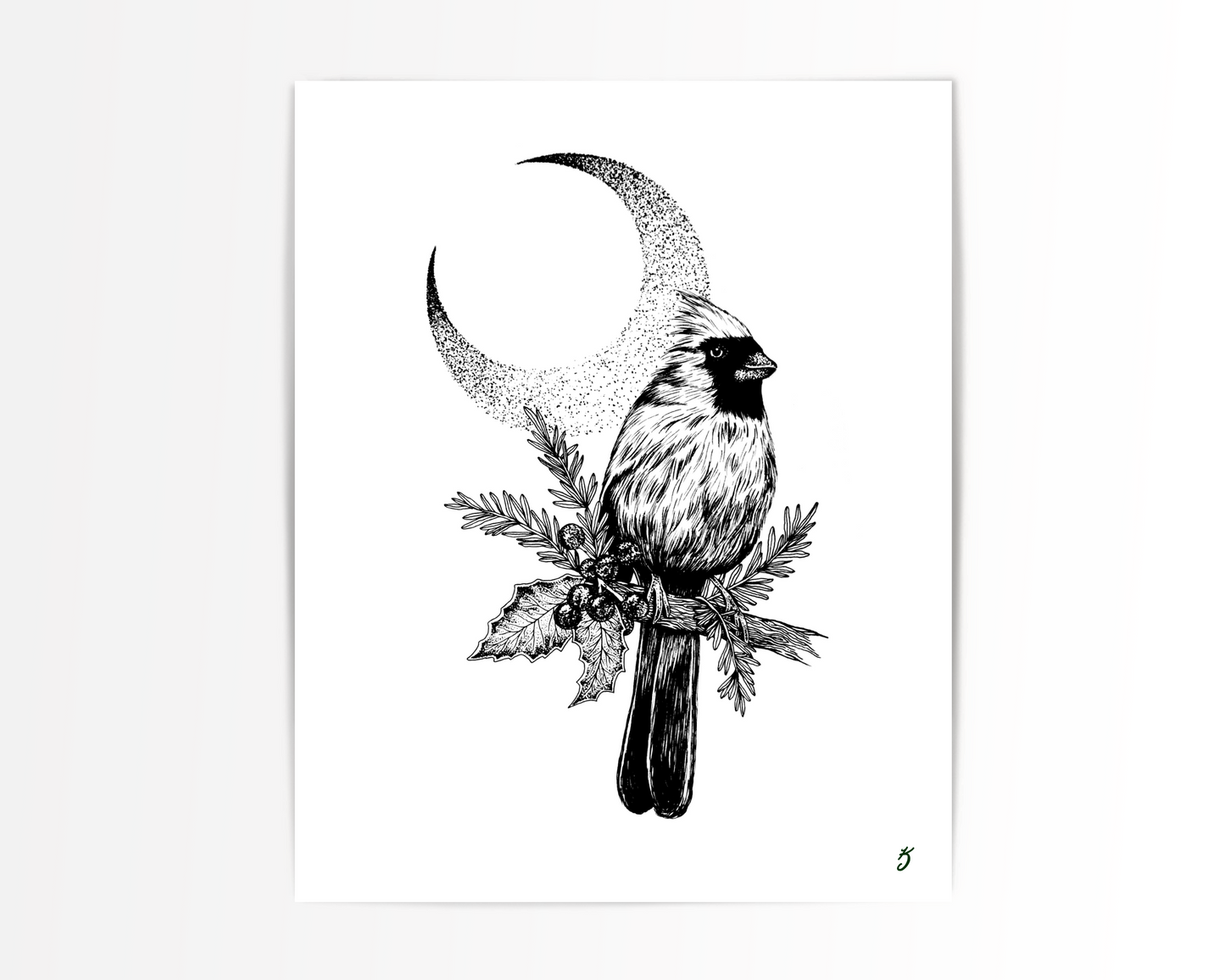 Cardinal & Holly Berries Art Print