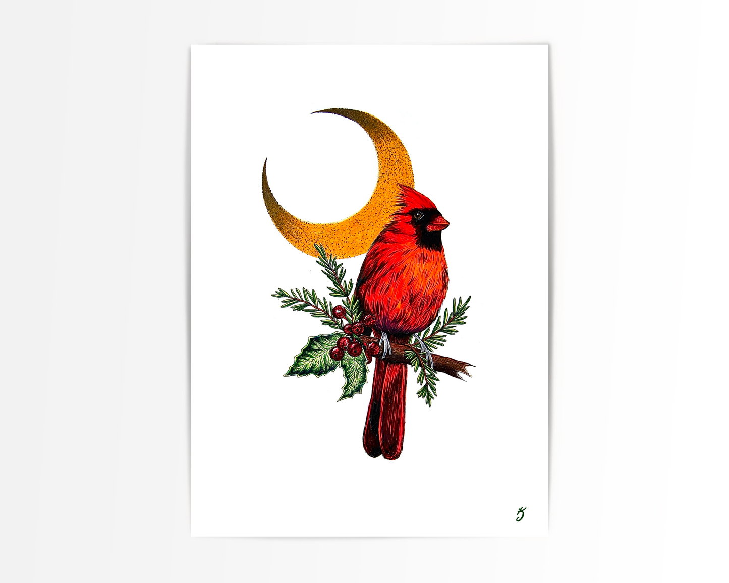 Cardinal & Holly Berries Art Print