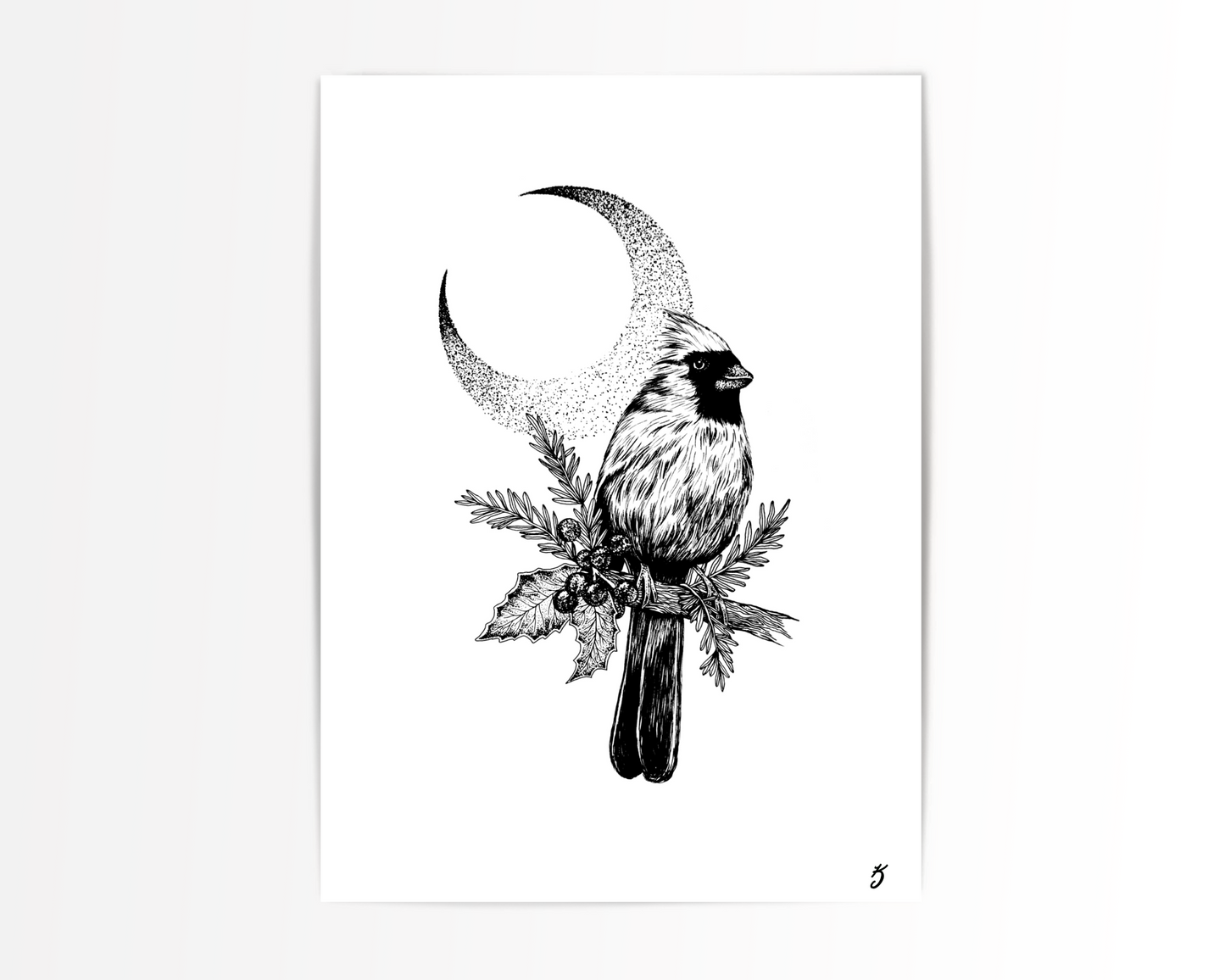 Cardinal & Holly Berries Art Print