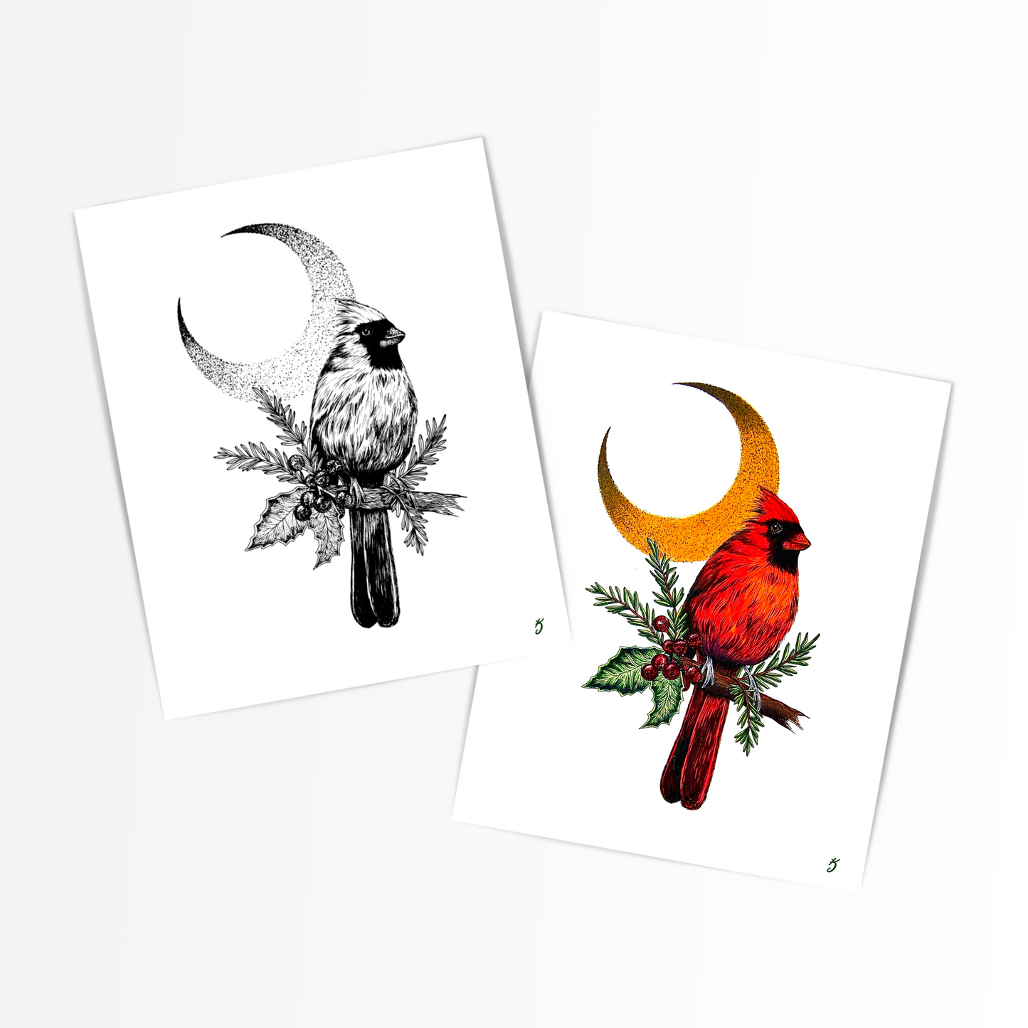 Cardinal & Holly Berries Art Print