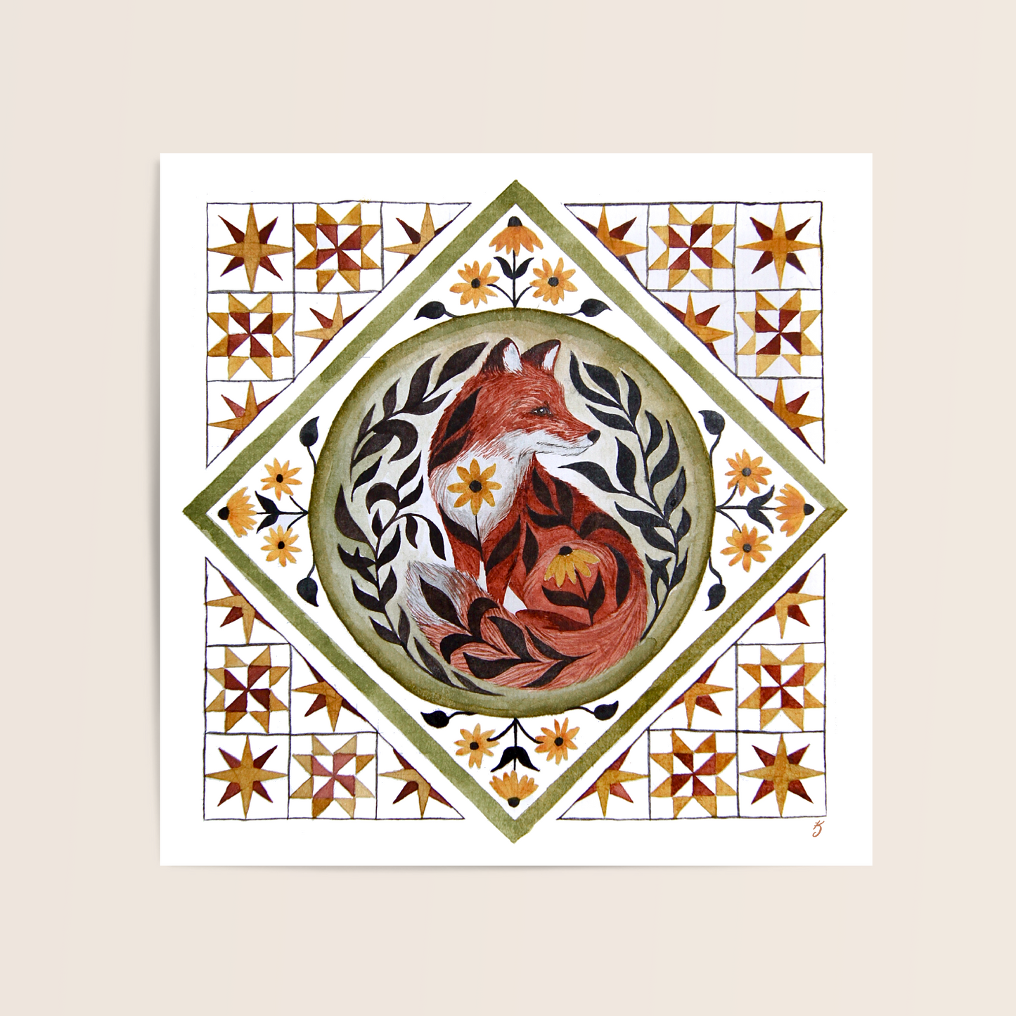 Floral Fox Folk Print