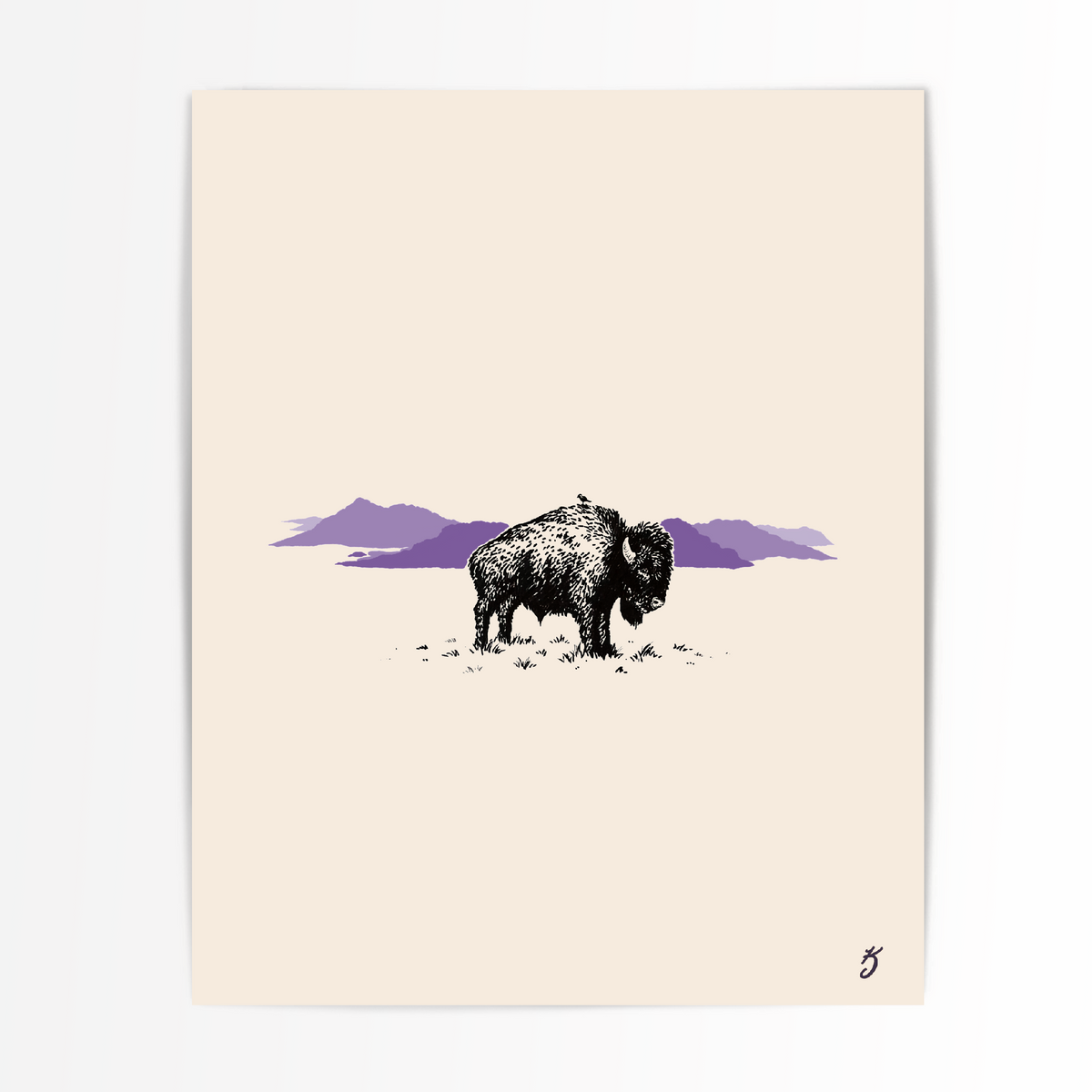 Purple Bison and Bird Art Print