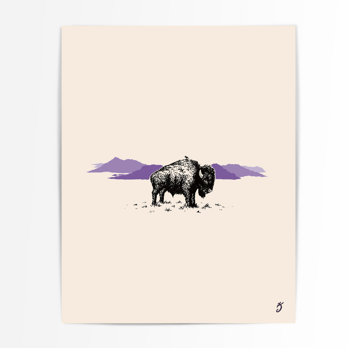 Purple Bison and Bird Art Print