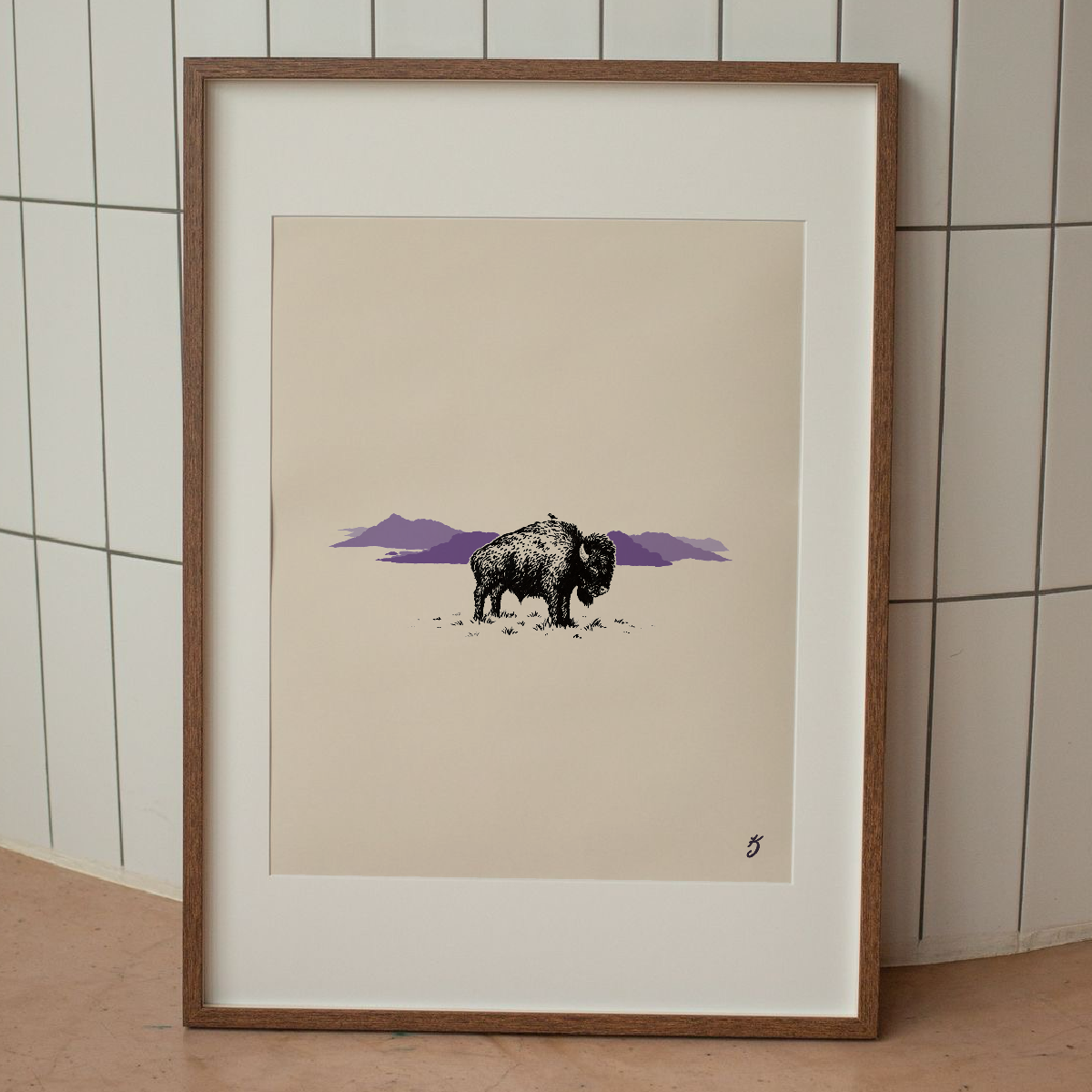 Purple Bison and Bird Art Print